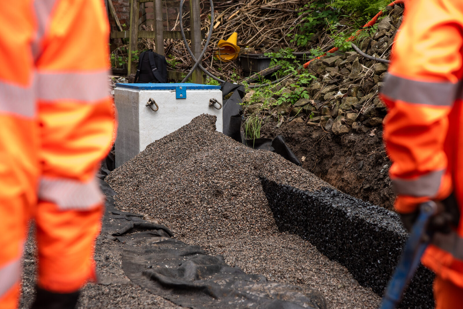 Aggregate placed around the catchpit and drainage modules during installation