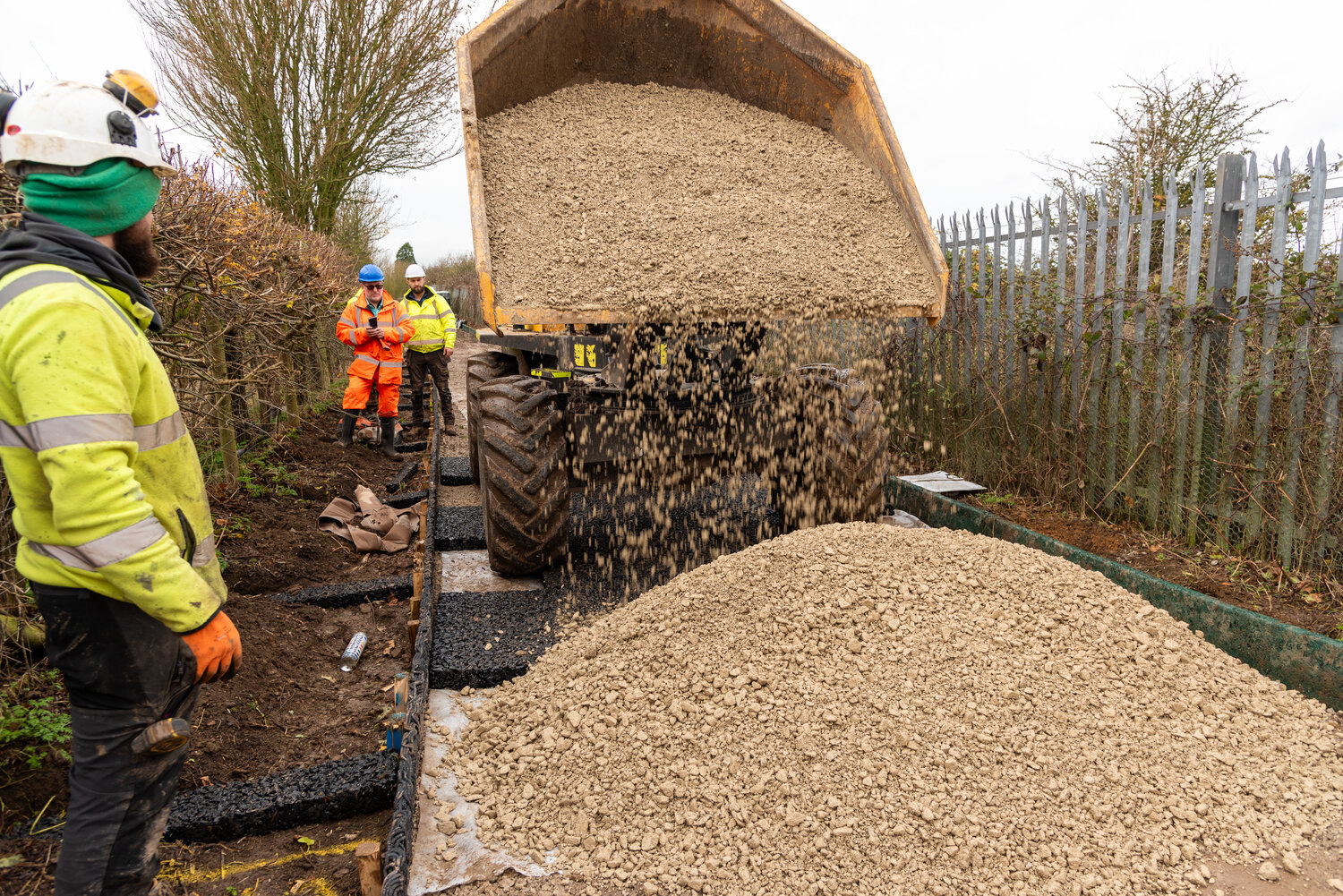 Gravel infill over installed drainage mats